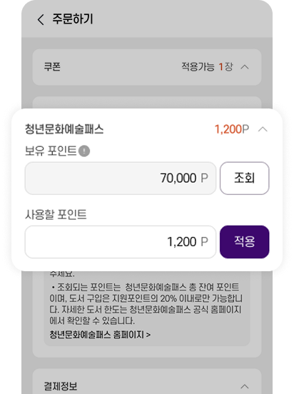 청년문화예술패스 포인트 사용 예시 화면